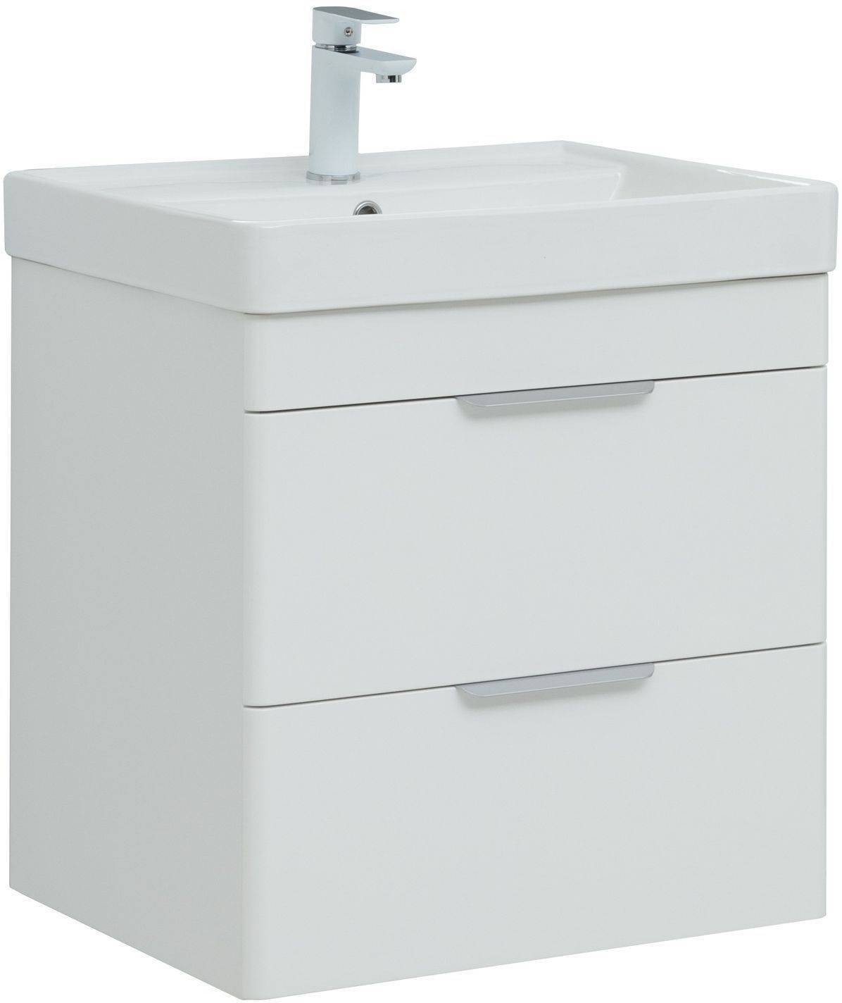 Тумба с раковиной Aquanet Ирис new 60 312425 подвесная, белый глянец, 2 ящика, раковина Ирис-Т 00346264