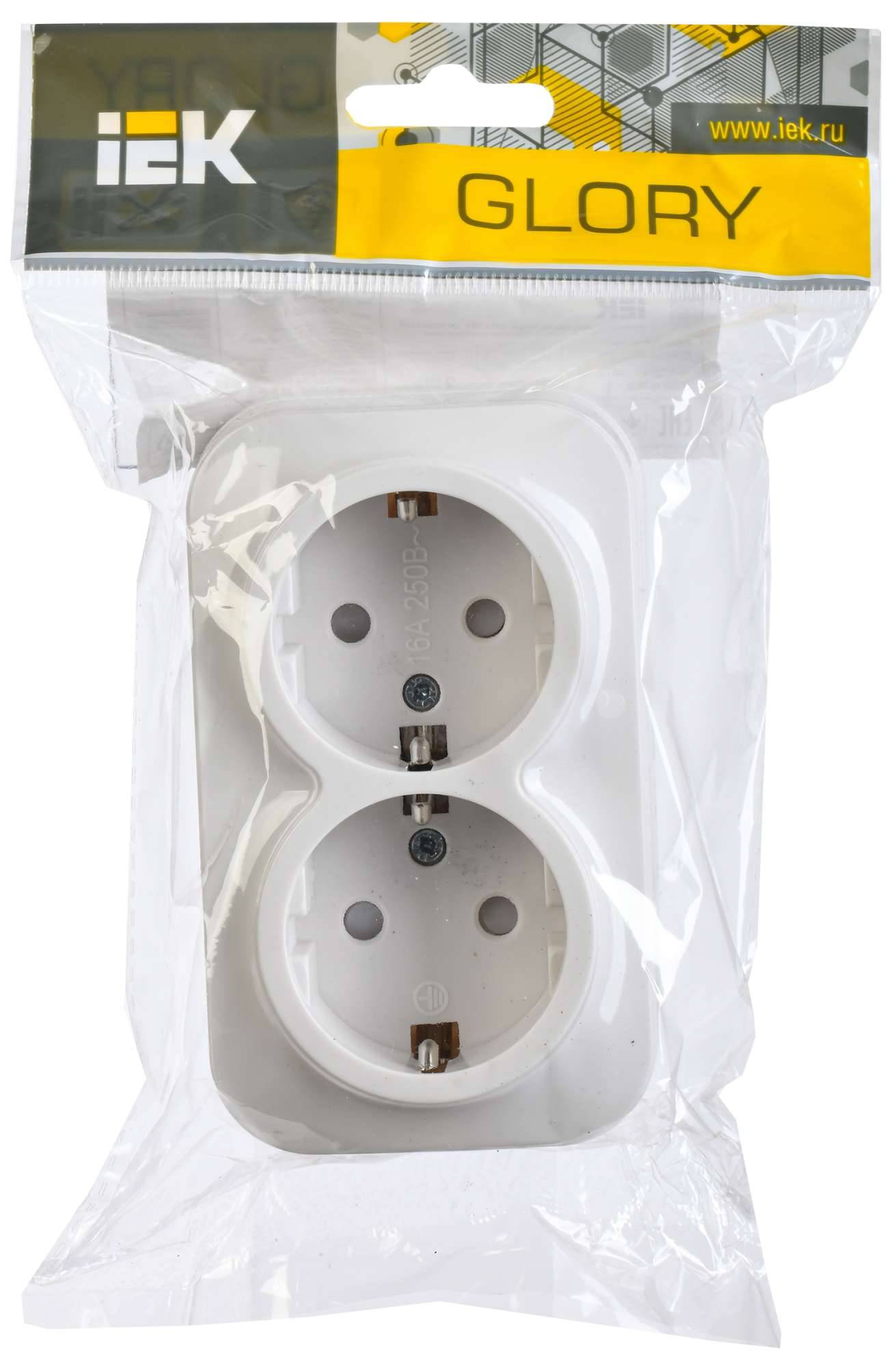 Розетка 2-местная с заземлением и шторками IEK Glory ERH24-K01-16 белый фото 2