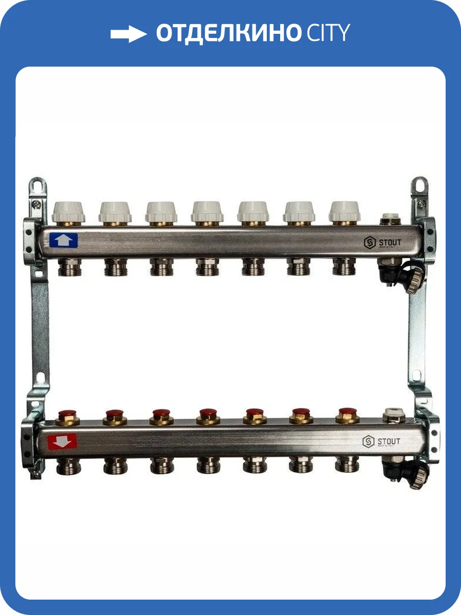 Коллектор Stout из нержавеющей стали без расходомеров, с клапаном вып. воздуха и сливом 1/3/4x7, SMS-0932-000007 фото 7