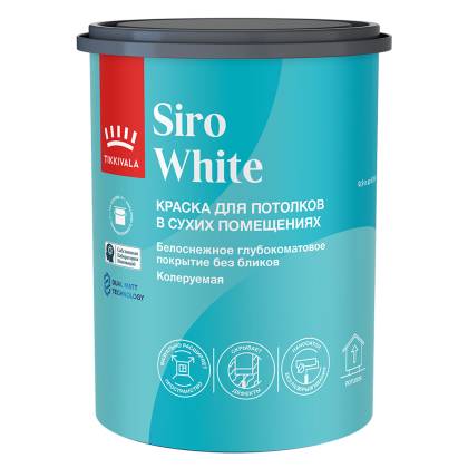 Краска для потолка Tikkivala Siro White глубокоматовая 0.9 л