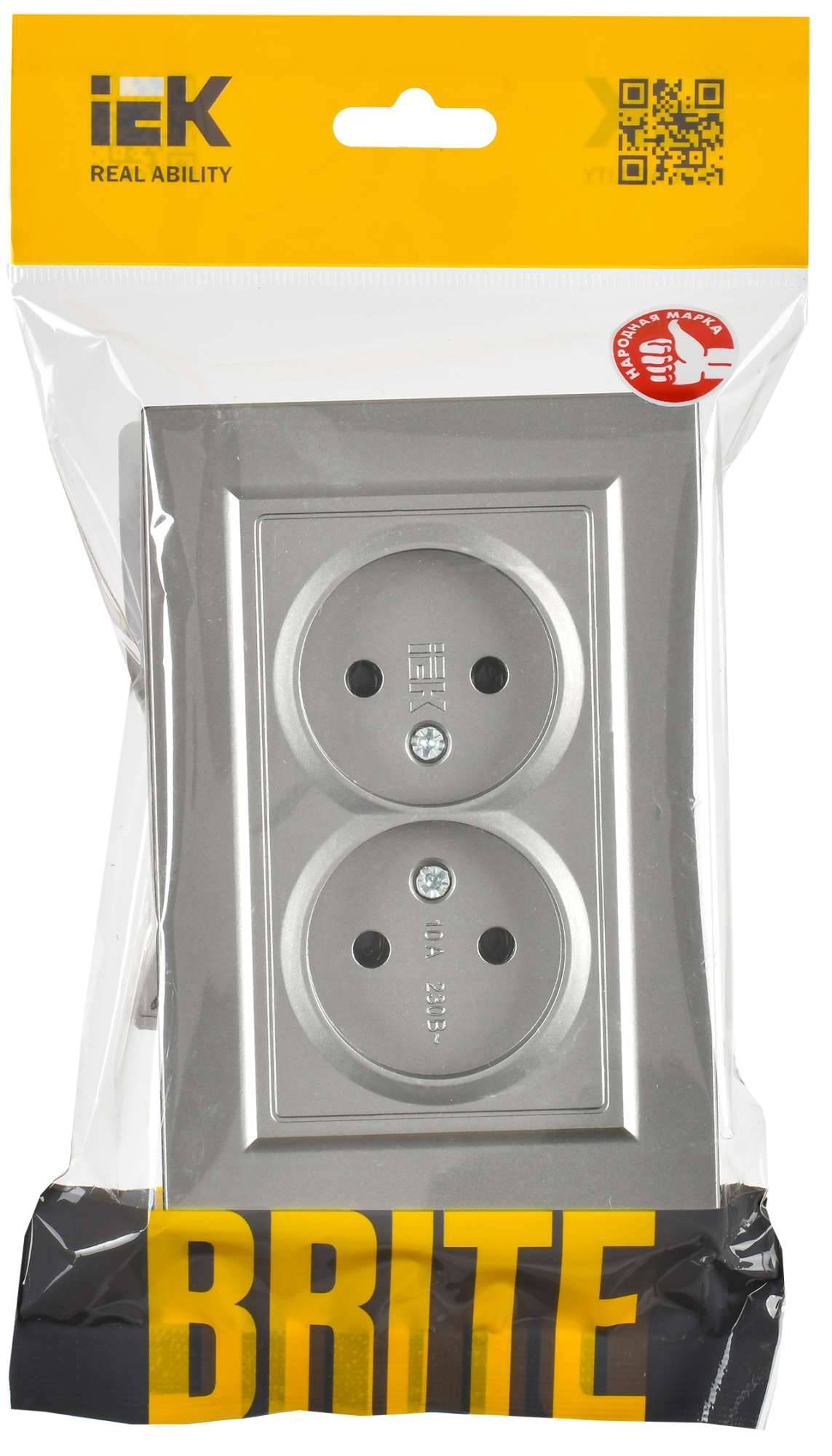Розетка 2-местная IEK Brite BR-R20-10-K46-F сталь фото 2