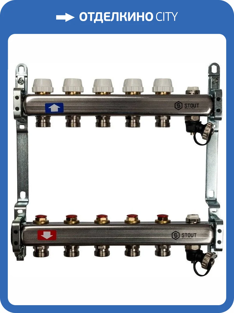 Коллектор Stout из нержавеющей стали без расходомеров, с клапаном вып. воздуха и сливом 1/3/4x5, SMS-0932-000005 фото 7