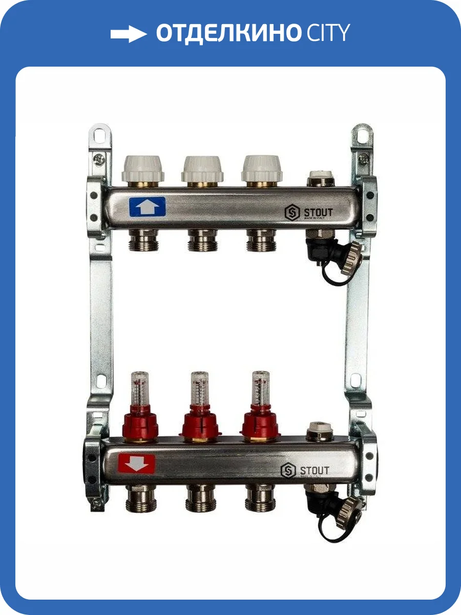 Коллектор Stout из нержавеющей стали с расходомерами, с клапаном вып. воздуха и сливом 1/3/4x3, SMS-0927-000003 фото 7