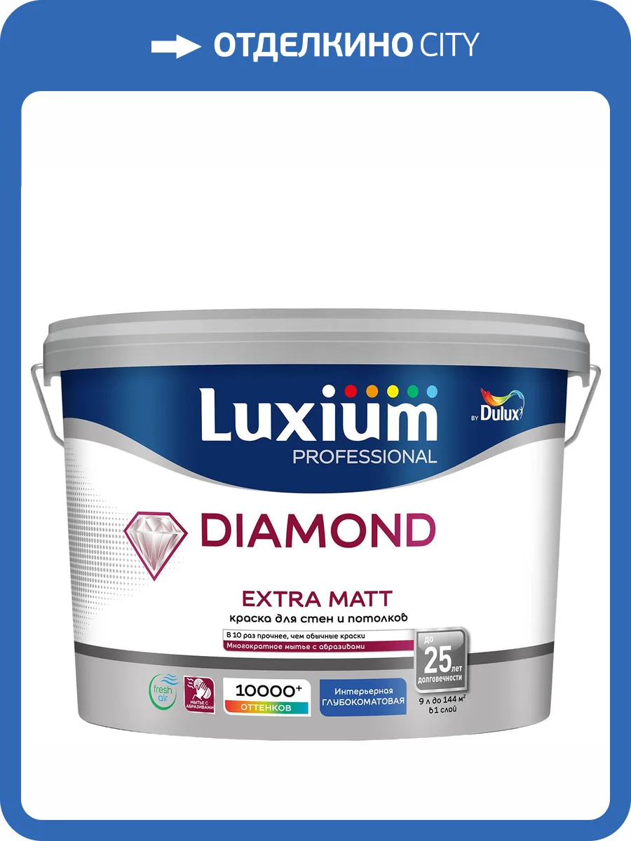 Краска для стен и потолков водно-дисперсионная Luxium Diamond Extra Matt глубокоматовая база BW 9 л фото 2