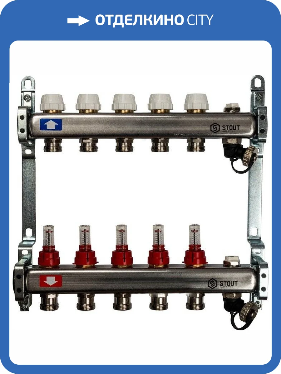 Коллектор Stout из нержавеющей стали с расходомерами, с клапаном вып. воздуха и сливом 1/3/4x5, SMS-0927-000005 фото 7