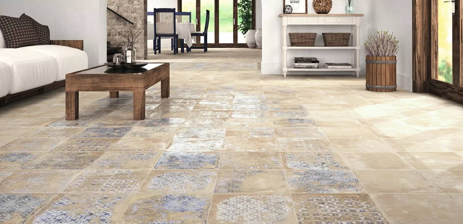 Пример интерьера ванной комнаты с испанской плиткой