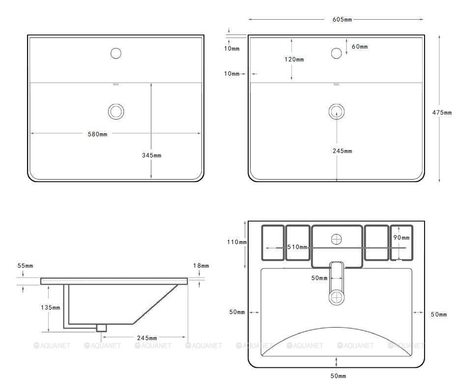 Тумба с раковиной Aquanet Ирис new 60 312425 подвесная, белый глянец, 2 ящика, раковина Ирис-Т 00346264 фото 7
