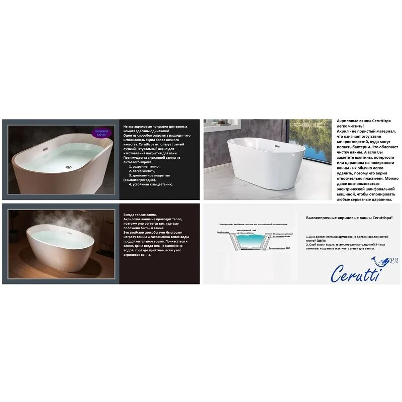 Акриловая ванна Cerutti Spa D'Iseo CT7390 1700x750x560 фото 4