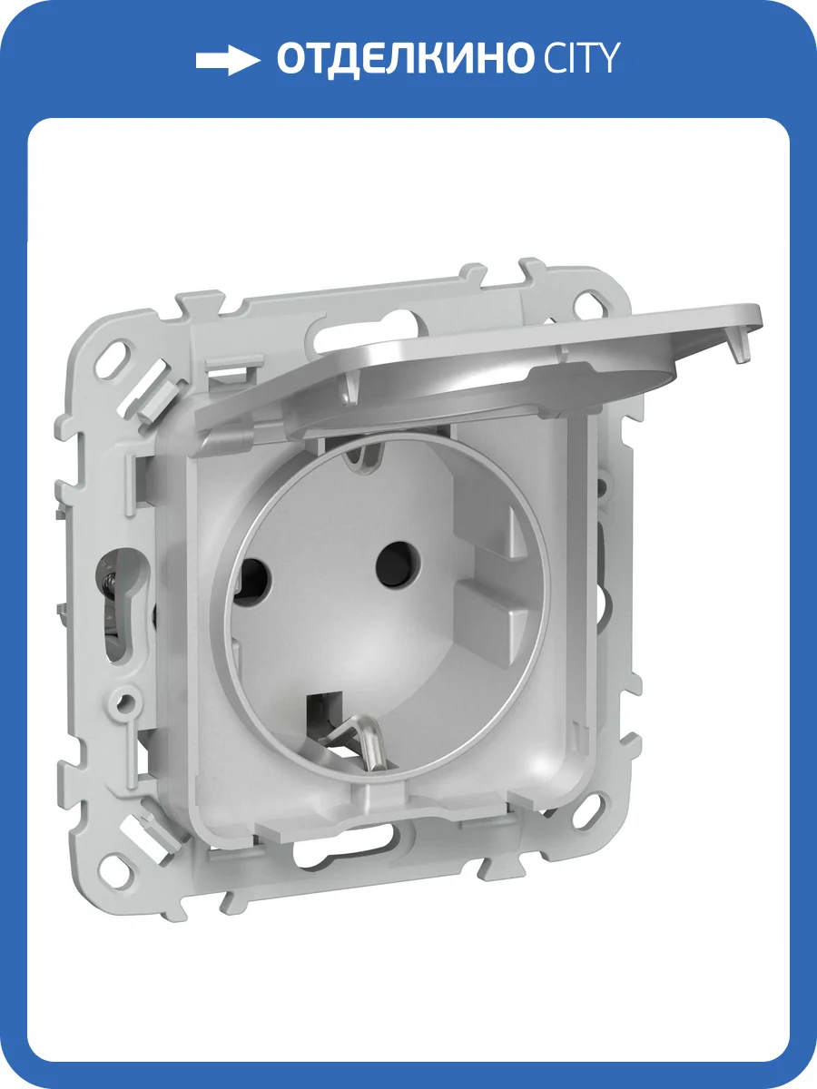 Розетка 1-местная с заземлением, шторками и крышкой IEK Flite FI-R16-16-1-44-K47 алюминий фото 2