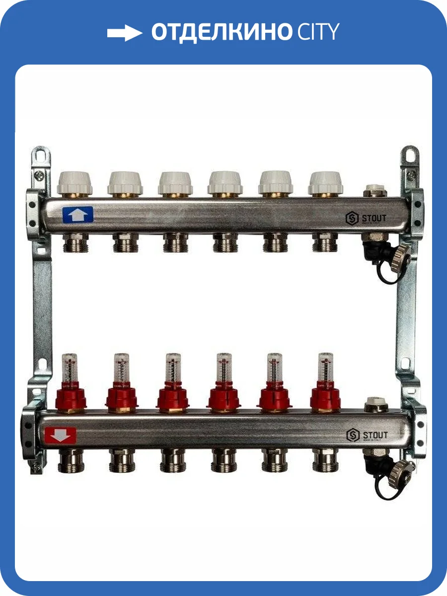 Коллектор Stout из нержавеющей стали с расходомерами, с клапаном вып. воздуха и сливом 1/3/4x6, SMS-0927-000006 фото 7