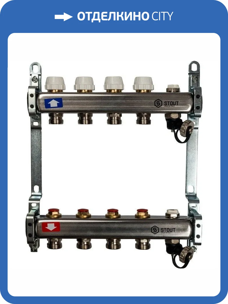 Коллектор Stout из нержавеющей стали без расходомеров, с клапаном вып. воздуха и сливом 1/3/4x4, SMS-0932-000004 фото 7