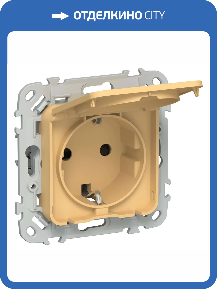 Розетка 1-местная с заземлением, шторками и крышкой IEK Flite FI-R16-16-1-44-K90 золотарник фото 2