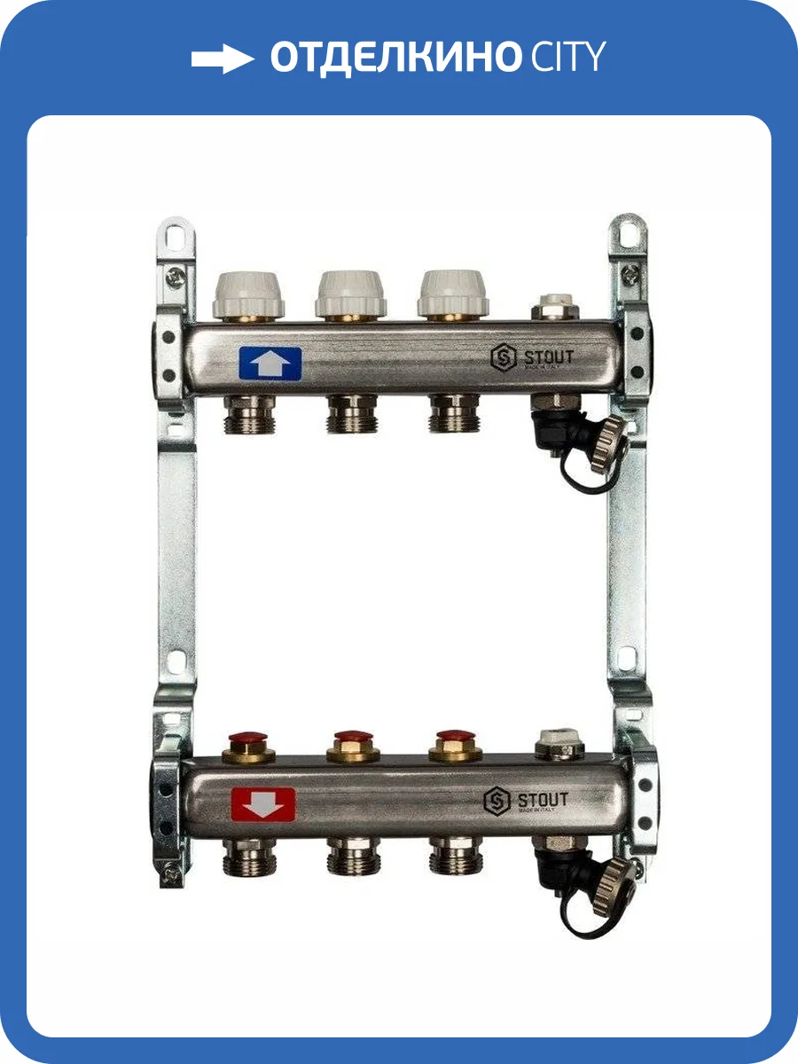 Коллектор Stout из нержавеющей стали без расходомеров, с клапаном вып. воздуха и сливом 1/3/4x3, SMS-0932-000003 фото 7