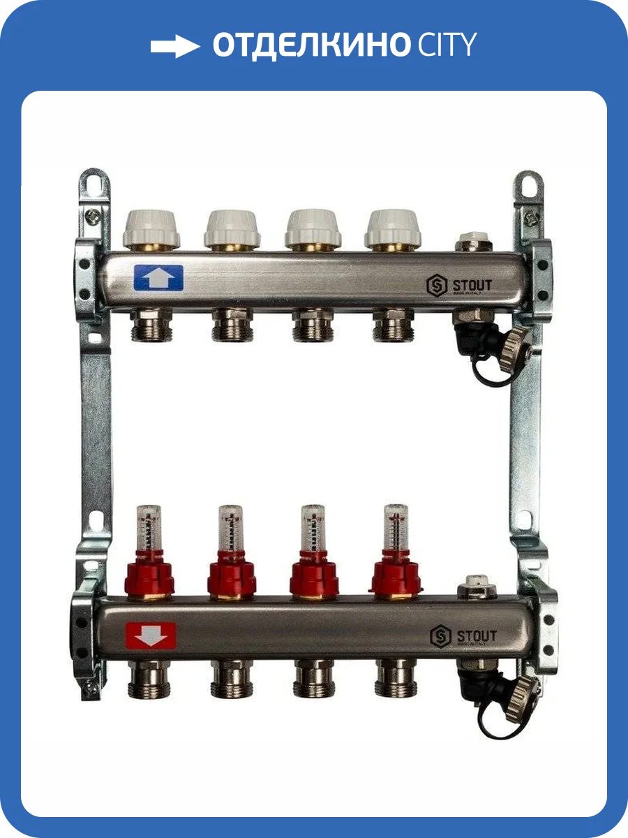 Коллектор Stout из нержавеющей стали с расходомерами, с клапаном вып. воздуха и сливом 1/3/4x4, SMS-0927-000004 фото 7