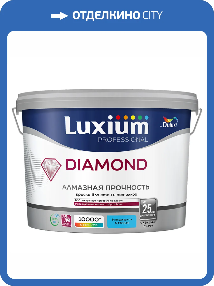 Краска для стен и потолков Luxium Diamond Алмазная Прочность матовая база BW 9 л фото 2