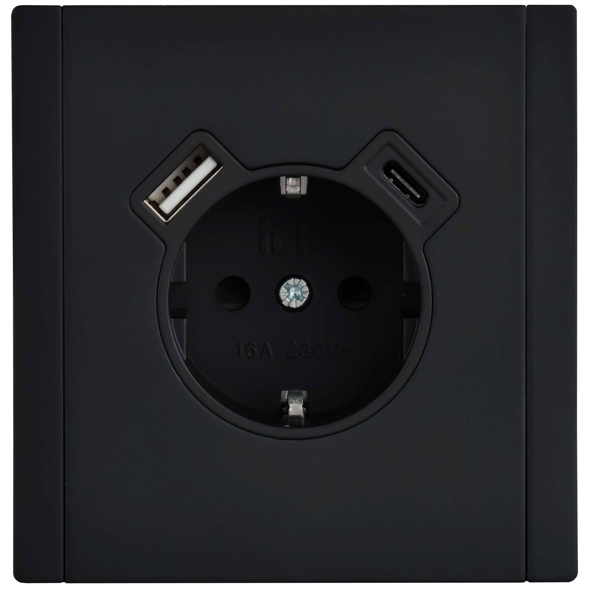 Розетка 1-местная с заземлением, шторками и USB Type A+С IEK Forte&Piano FP-R14-16-U22-018-M-K02 черный фото 2
