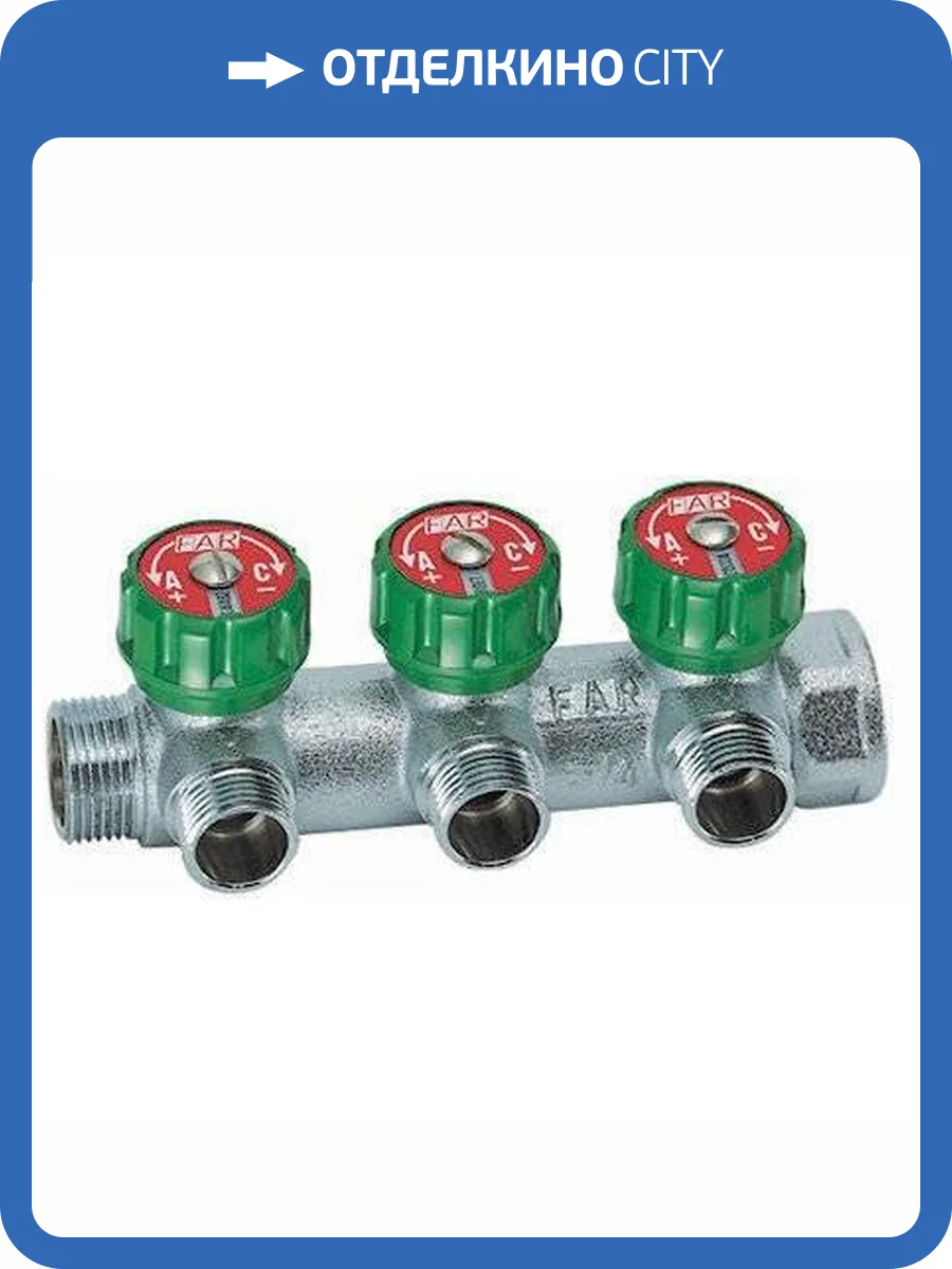 Коллектор FAR 1 , проходной, хромированный, 3 отвода 3/4 плоское уплотнение фото 2