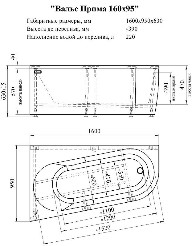 Акриловая ванна Radomir Вальс Прима 160x95 1-81-2-1-0-352 левая, с каркасом, с гидромассажем Терапия хром, белая фото 2