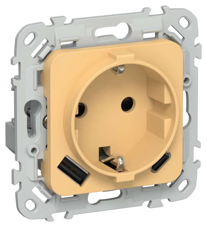 Розетка 1-местная с заземлением, шторками и USB Type A+С IEK Flite FI-R14-16-1-U22-020-K90 золотарник