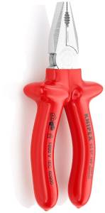 Плоскогубцы KNIPEX комб. VDE, рез: провол. ср. d 3.4 мм, твёрд. d 2.2 мм, кабель d 12 мм (16 мм?), L-180 мм, хром, 1К ручки