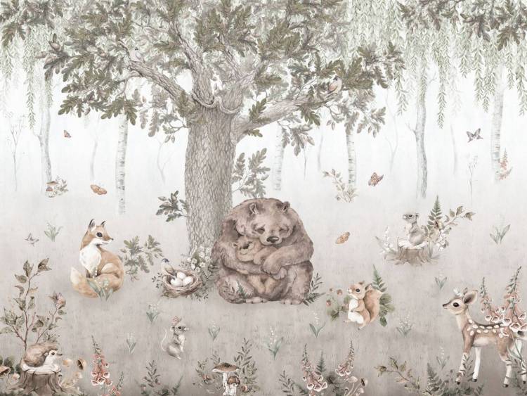 Бесшовные Eco обои Ortograf Little friends 34352 Медведица и медвежонок Ворс ОЕ