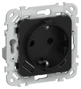 Розетка 1-местная с заземлением, шторками и USB Type A+С IEK Flite FI-R14-16-U22-020-K02 черный