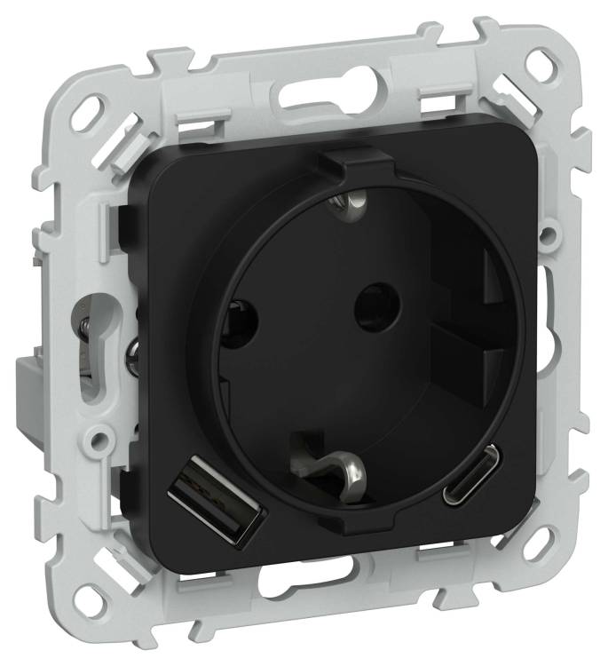 Розетка 1-местная с заземлением, шторками и USB Type A+С IEK Flite FI-R14-16-U22-020-K02 черный