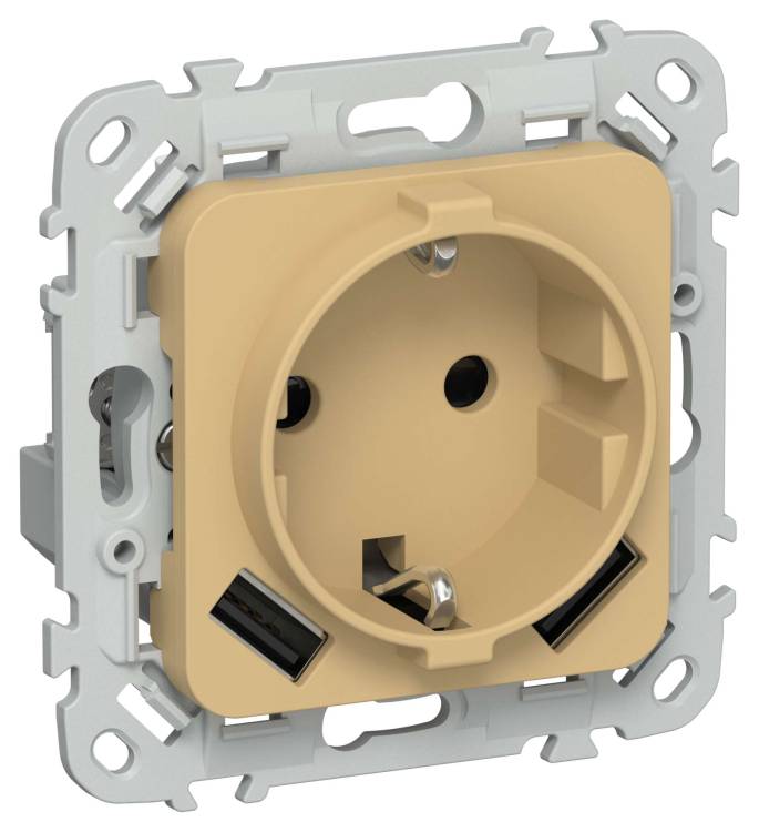 Розетка 1-местная с заземлением, шторками и USB Type A+A IEK Flite FI-R14-16-U21-D31-K89 шамуа