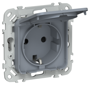 Розетка 1-местная с заземлением, шторками и крышкой IEK Flite FI-R16-16-44-K35 маренго