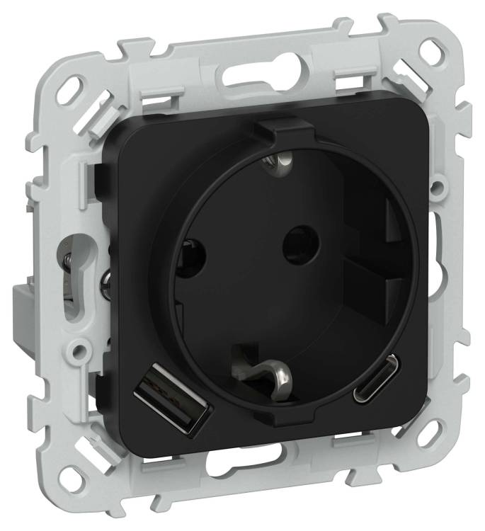 Розетка 1-местная с заземлением, шторками и USB Type A+С IEK Flite FI-R14-16-1-U22-020-K02 черный