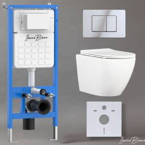 Унитаз с инсталляцией Iberica Blanca Bilbao Alto IB001.BLA.234.1131 безободковый, с крышкой-сиденьем микролифт, с кнопкой глянцевый хром