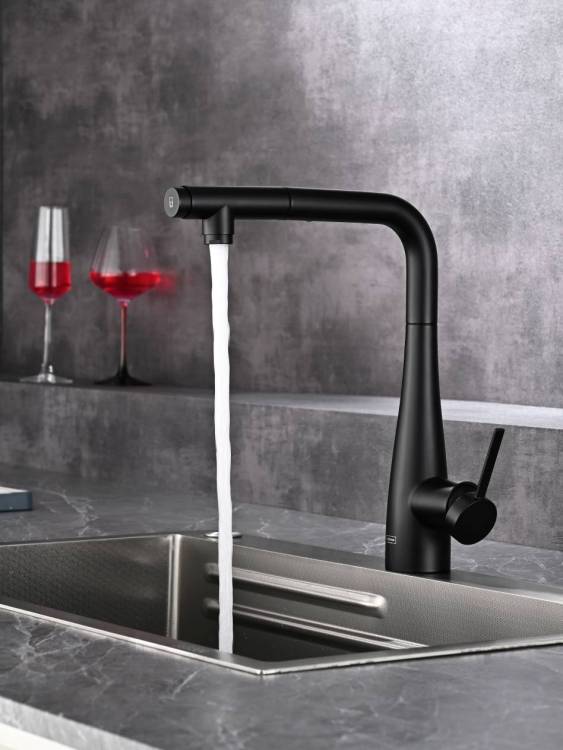 Смеситель для кухни AQUAme Cucina AQM9902MB с выдвижным изливом, черный матовый
