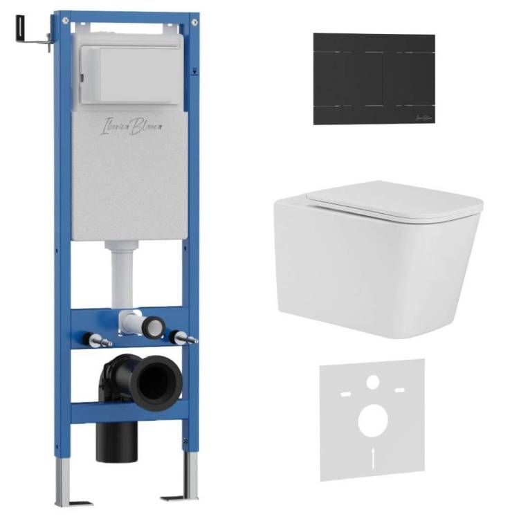 Комплект Iberica Blanca Toledo Alto IB.001M.TLA.231.1504 унитаз безободковый, белый, сиденье микролифт, клавиша смыва черный матовый