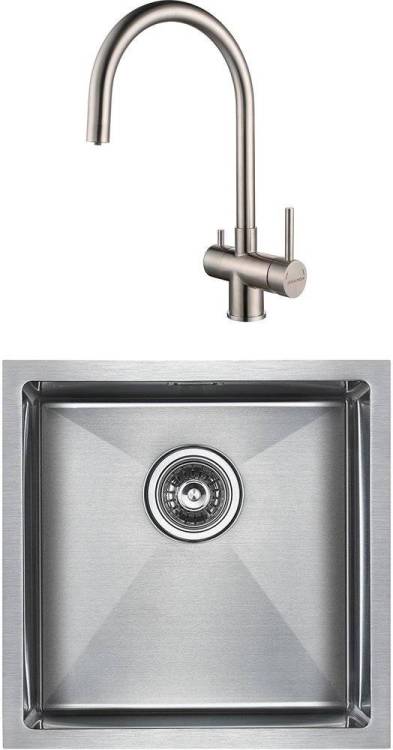 Комплект Paulmark Aller PM904444-BS брашированная нерж. сталь + Смеситель Paulmark Heller He213218-SS для кухонной мойки, нержавеющая сталь