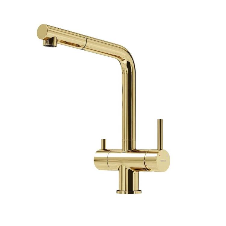 Смеситель для кухни Sancos Spin SC4015ZG с вытяжным изливом и краном для фильтрованной воды, полированное золото