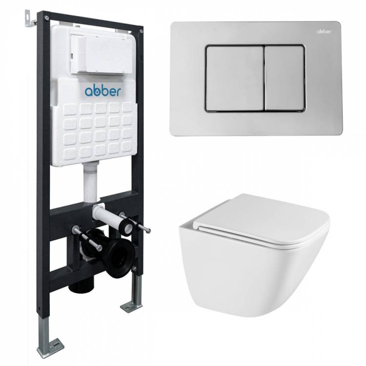Унитаз с инсталляцией Abber Rechteck AC1220TC-AC0105-AC0120 безободковый, сиденье микролифт, кнопка хром глянцевый