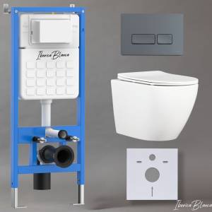 Унитаз с инсталляцией Iberica Blanca Bilbao Alto IB001.BLA.234.218 безободковый, с крышкой-сиденьем микролифт, с серой матовой кнопкой