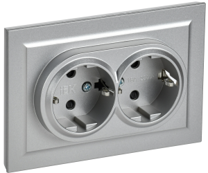 Розетка 2-местная с заземлением и шторками IEK Brite BR-R24-16-K47-F алюминий