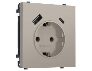 Комплект механизма электрической розетки 2USB A+C 20W с заземлением со шторками Ambrella Volt Sigma MS370010 серо-бежевый матовый