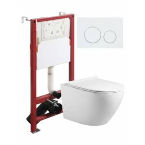 Унитаз с инсталляцией Agger ATI09150L+APB188 безободковый, с крышкой-сиденьем микролифт, с белой кнопкой