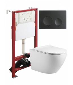 Унитаз с инсталляцией Agger ATI09150L+APB144 безободковый, с крышкой-сиденьем микролифт, с черной кнопкой