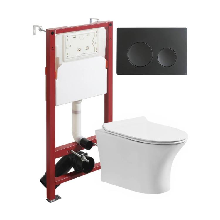 Унитаз с инсталляцией Orange CI01-100W+APB144 безободковый, с крышкой-сиденьем микролифт, с кнопкой, кнопка черная