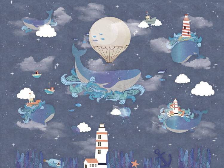 Бесшовные Eco обои Ortograf Little friends 34400 Киты на маяке Ворс+ ОЕ+
