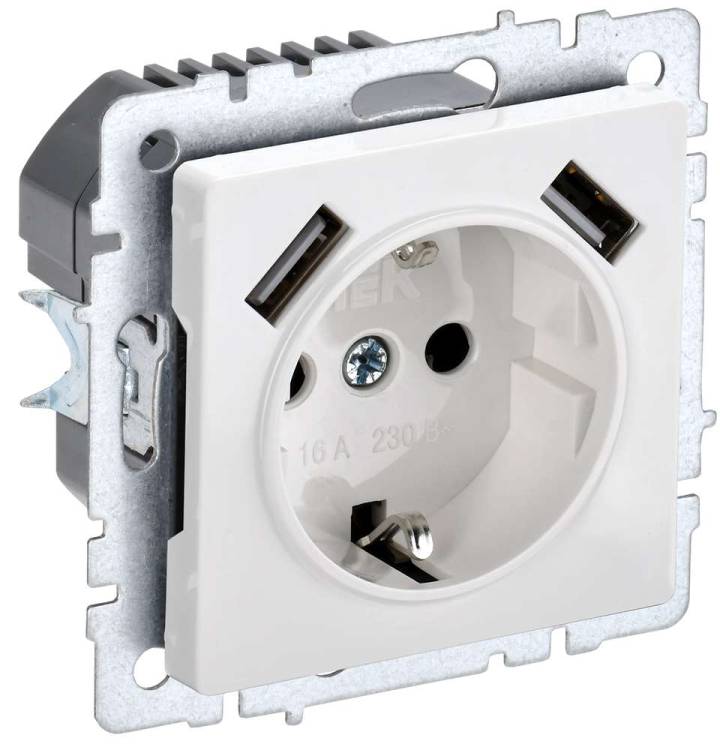 Розетка 1-местная с заземлением, шторками и USB Type A+A IEK Brite BR-R14-16-U21-D31-K01 белый