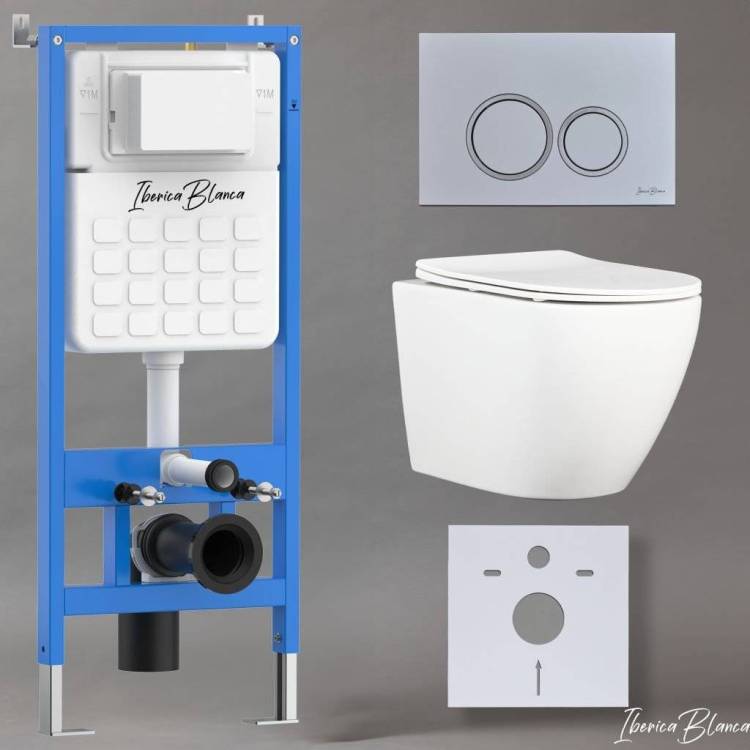 Унитаз с инсталляцией Iberica Blanca Bilbao Alto IB001.BLA.234.824 безободковый, с крышкой-сиденьем микролифт, с кнопкой матовый хром