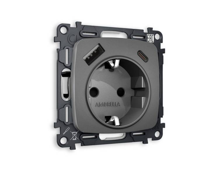 Комплект механизма электрической розетки 2USB A+C 20W (быстрая зарядка) с заземлением Ambrella Volt Omega MO660010