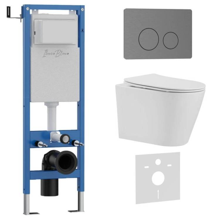 Унитаз с инсталляцией Iberica Blanca Burgos Alto IB.001M.BRA.234.8180 безободковый, с крышкой-сиденьем микролифт, с кнопкой вороненая сталь