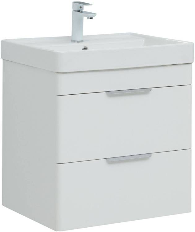 Тумба с раковиной Aquanet Ирис new 60 312425 подвесная, белый глянец, 2 ящика, раковина Ирис-Т 00346264