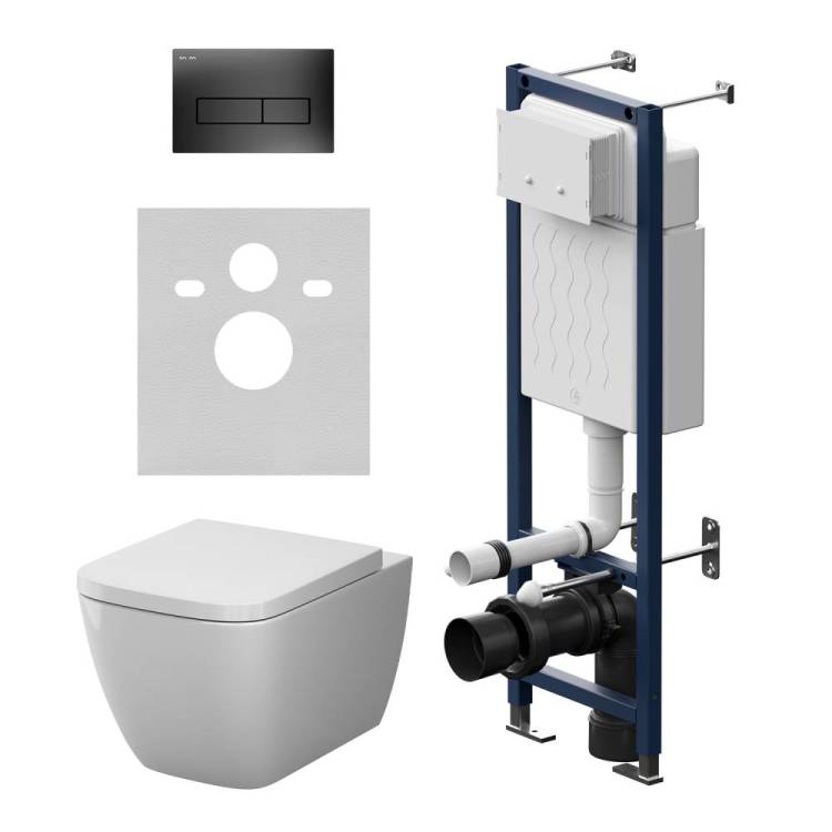 Унитаз с инсталляцией Am.Pm Gem IS110338.901901 безободковый, сиденье микролифт, клавиша черная матовая