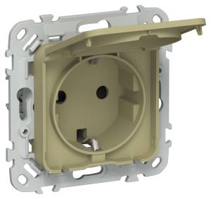 Розетка 1-местная с заземлением, шторками и крышкой IEK Flite FI-R16-16-1-44-K26 оливковый